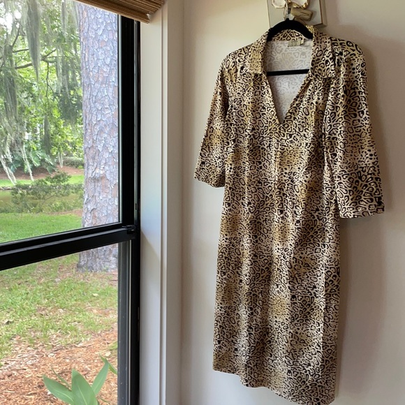 KATHERINE WAY Leopard Jaguar Animal Print 3/4 Sleeve Stretch Collar V Neck Dress - Picture 1 of 5
